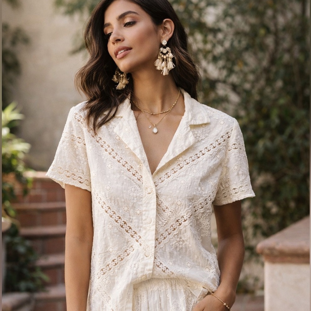Anthropologie Hemant & Nandita White Eyelet Cotton Blouse XS Boho Romantic